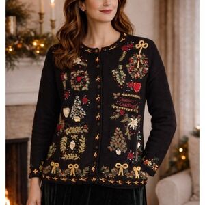 Vtg 2000 Tiara International Embroidered Christmas Sweater Cardigan Sz L Holiday